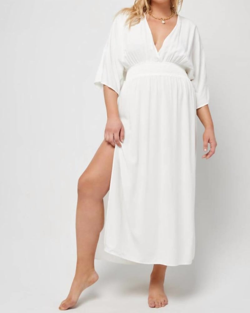 Front of a model wearing a size L Sungazer Dress in Cream in Cream by L*SPACE. | dia_product_style_image_id:339830